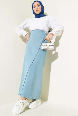 Yan Düğmeli Kapaklı Kot Etek Kot Mavisi - Uzun Etek
