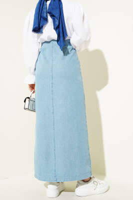 Yan Düğmeli Kapaklı Kot Etek Kot Mavisi - Uzun Etek