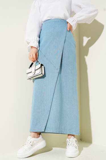 Yan Düğmeli Kapaklı Kot Etek Kot Mavisi - Uzun Etek