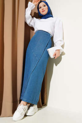 Yan Düğmeli Kapaklı Kot Etek Kot - Uzun Etek