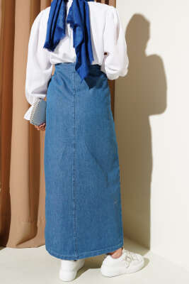 Yan Düğmeli Kapaklı Kot Etek Kot - Uzun Etek