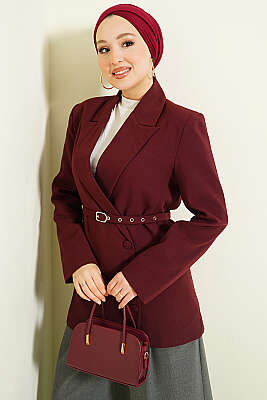 Yan Düğmeli Kemerli Blazer Ceket Bordo - HELLIE