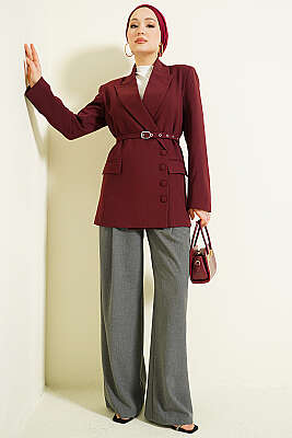 Yan Düğmeli Kemerli Blazer Ceket Bordo - Ceket