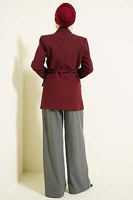 Yan Düğmeli Kemerli Blazer Ceket Bordo - Ceket