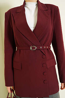 Yan Düğmeli Kemerli Blazer Ceket Bordo - Ceket