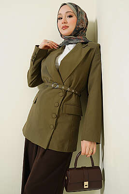 Yan Düğmeli Kemerli Blazer Ceket Haki - HELLIE