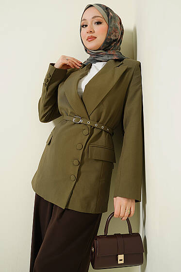 Yan Düğmeli Kemerli Blazer Ceket Haki - Ceket