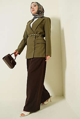 Yan Düğmeli Kemerli Blazer Ceket Haki - Ceket