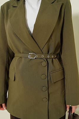 Yan Düğmeli Kemerli Blazer Ceket Haki - Ceket