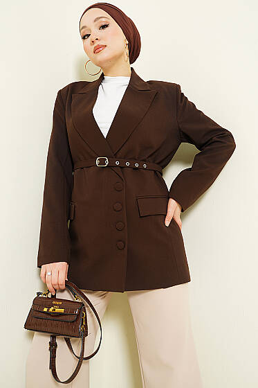 Yan Düğmeli Kemerli Blazer Ceket Kahve - 700-100 TL Ürünler