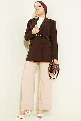 Yan Düğmeli Kemerli Blazer Ceket Kahve - Ceket