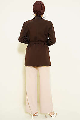 Yan Düğmeli Kemerli Blazer Ceket Kahve - Ceket