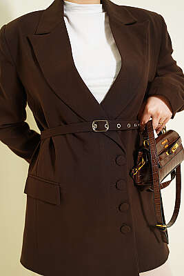 Yan Düğmeli Kemerli Blazer Ceket Kahve - Ceket