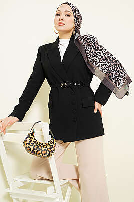 Yan Düğmeli Kemerli Blazer Ceket Siyah - HELLIE