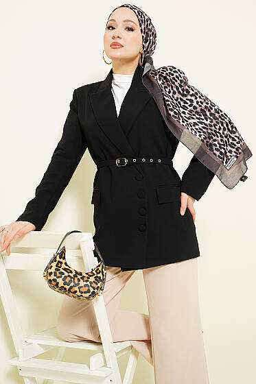 Yan Düğmeli Kemerli Blazer Ceket Siyah - Ceket