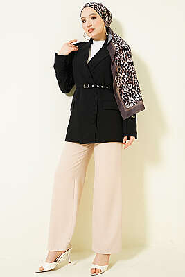 Yan Düğmeli Kemerli Blazer Ceket Siyah - Ceket