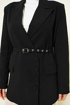 Yan Düğmeli Kemerli Blazer Ceket Siyah - Ceket