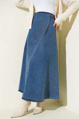 Yan Düğmeli Kloş Kot Etek Mavi - Etek