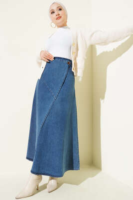 Yan Düğmeli Kloş Kot Etek Mavi - Etek