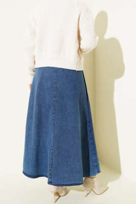 Yan Düğmeli Kloş Kot Etek Mavi - Etek