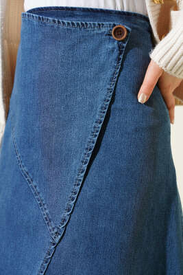 Yan Düğmeli Kloş Kot Etek Mavi - Etek