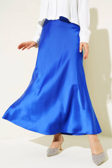 Yan Fermuarlı Saten Etek Saks - Etek