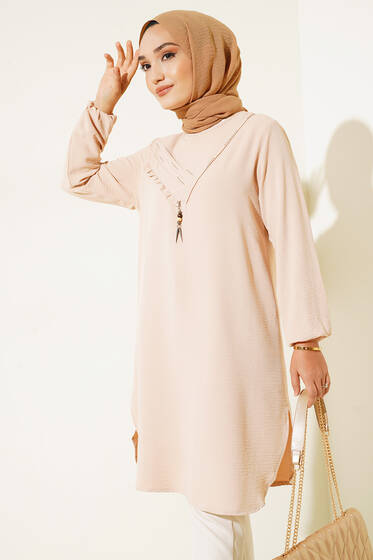 Yan Fırfırlı Ayrobin Tunik Bej - İKİLİ TAKIM
