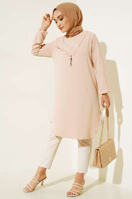 Yan Fırfırlı Ayrobin Tunik Bej - İKİLİ TAKIM