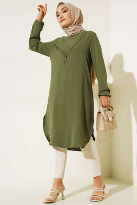 Yan Fırfırlı Ayrobin Tunik Haki - Tunik