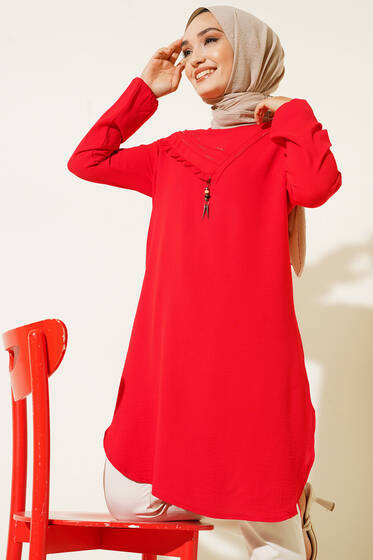 Yan Fırfırlı Ayrobin Tunik Kırmızı - İKİLİ TAKIM