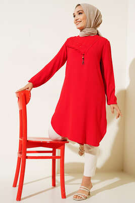 Yan Fırfırlı Ayrobin Tunik Kırmızı - İKİLİ TAKIM