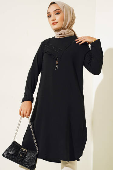 Yan Fırfırlı Ayrobin Tunik Siyah - Tunik