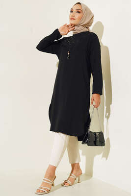 Yan Fırfırlı Ayrobin Tunik Siyah - Tunik