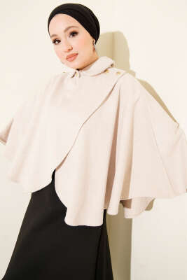 Yan Gold Düğmeli Kaşe Panço Bej - SAS