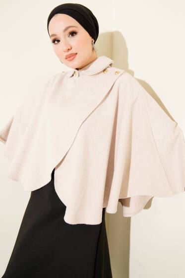 Yan Gold Düğmeli Kaşe Panço Bej - Panço