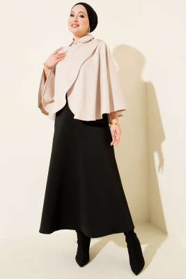 Yan Gold Düğmeli Kaşe Panço Bej - Panço