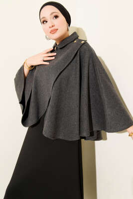 Yan Gold Düğmeli Kaşe Panço Füme - SAS