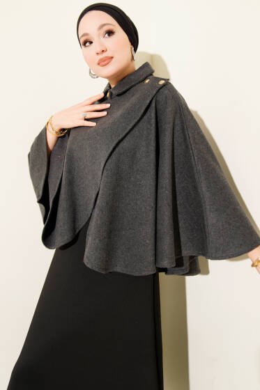 Yan Gold Düğmeli Kaşe Panço Füme - Panço