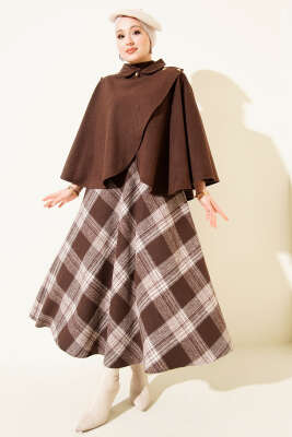 Yan Gold Düğmeli Kaşe Panço Kahve - Panço