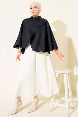 Yan Gold Düğmeli Kaşe Panço Lacivert - Panço