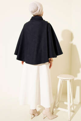 Yan Gold Düğmeli Kaşe Panço Lacivert - Panço