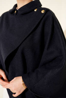 Yan Gold Düğmeli Kaşe Panço Lacivert - Panço