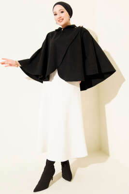 Yan Gold Düğmeli Kaşe Panço Siyah - Panço