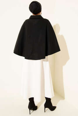 Yan Gold Düğmeli Kaşe Panço Siyah - Panço