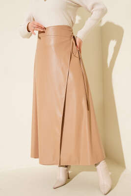 Yan İp Bağcıklı Deri Etek Latte - ALİ AKKAYA