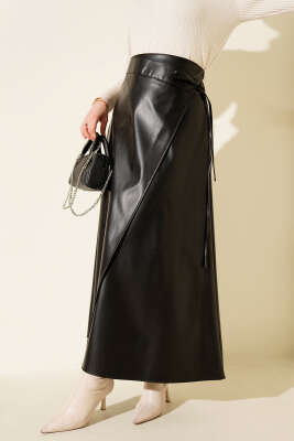 Yan İp Bağcıklı Deri Etek Siyah - ALİ AKKAYA