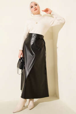 Yan İp Bağcıklı Deri Etek Siyah - Etek