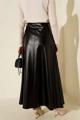 Yan İp Bağcıklı Deri Etek Siyah - Etek