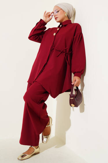 Yan İp Bağcıklı Düğmeli Dabıl İkili Takım Bordo - İkili Takım