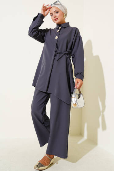 Yan İp Bağcıklı Düğmeli Dabıl İkili Takım Füme - İkili Takım